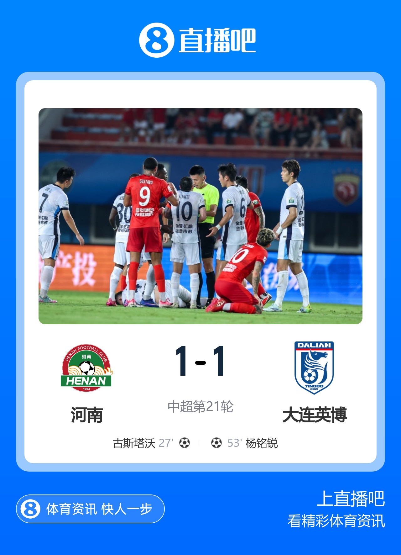 大连英博客场1-1河南升至第三 古斯塔沃破门杨铭锐替补扳平